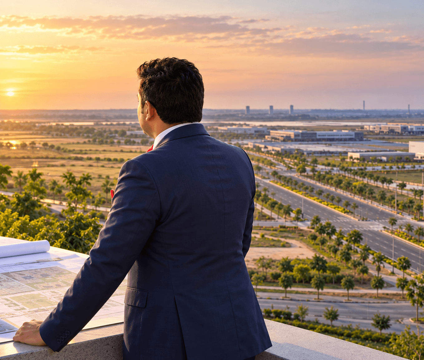 A property professional overlooking the emerging Dholera industrial region and reviewing its development plan