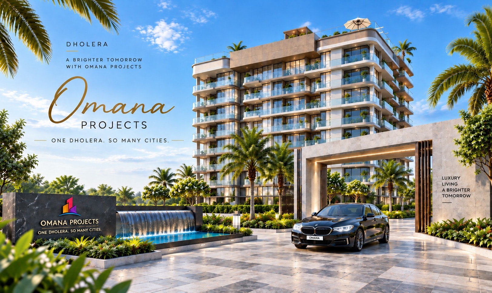 Omana Projects in Dholera: a luxury residence, landscaped entrance and the message One Dholera. So Many Cities.